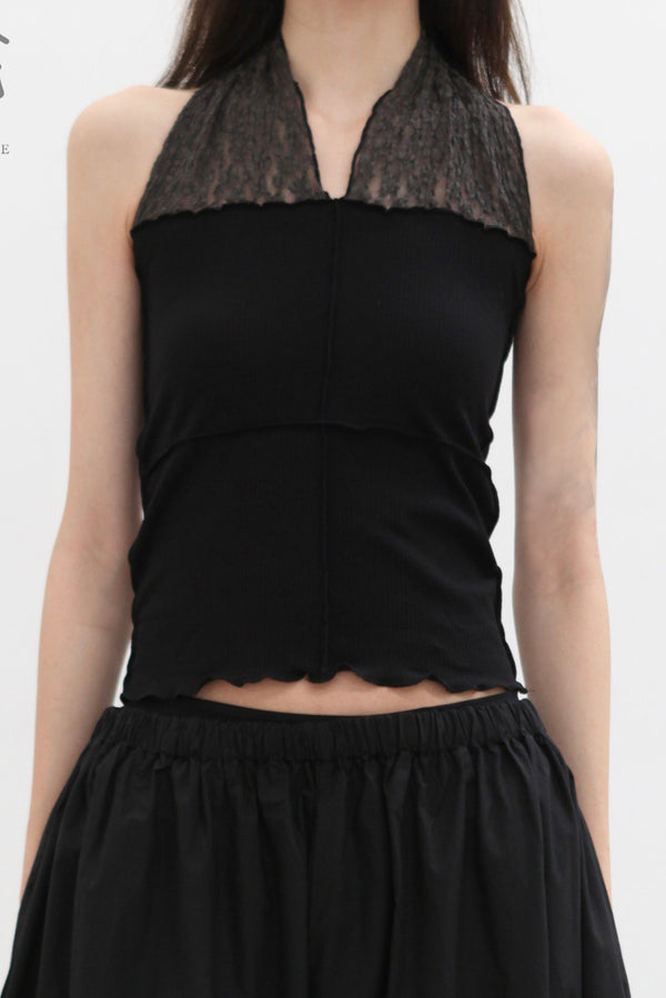 BASERANGE France organic cotton Nehru lace patchwork vest camisole BAS-TONT-LA-SP25-BLACK (BROWN)
